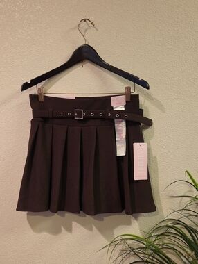 I Believe High-Waist Pleated Skater Skort with Belt - Brown, Size Large